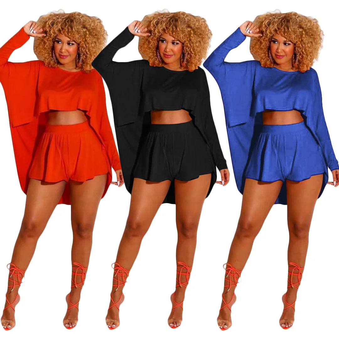

women clothing casual two piece set fashion solid off- shoulder Long sleeve shirts sexy casual ladies shorts, Custom color