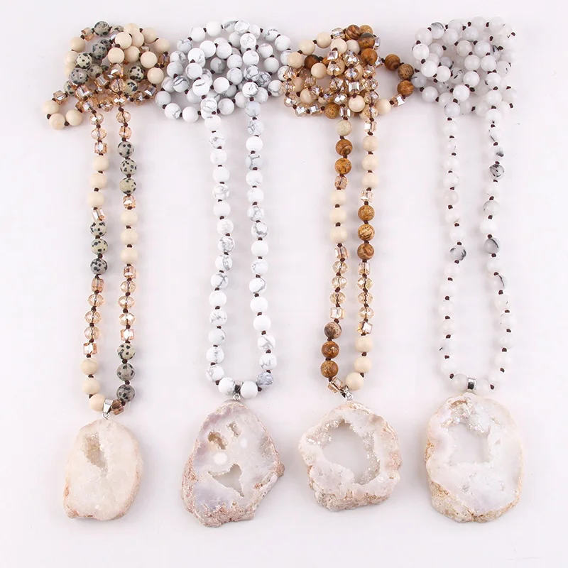 

Fashion 8mm Natural Stone Beads Knotted Necklace Pic Jasper White Howlite Irregular Druzy Necklace