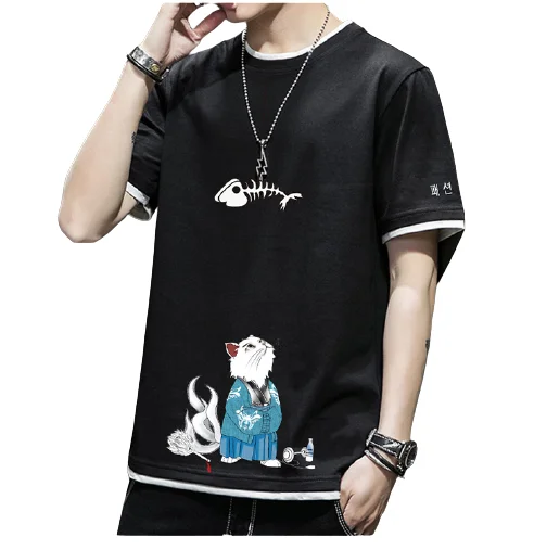 

2021 Summer Men's Pure 100%Cotton Cartoon Cat Printed Short Sleeve T Shirt