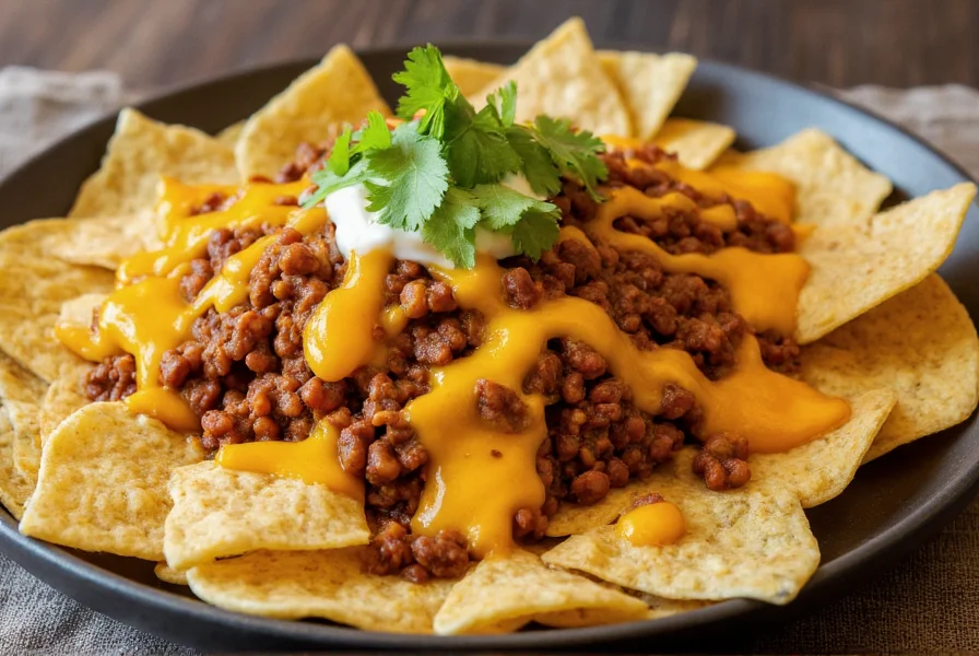 Perfectly layered chili nachos with melted cheese, fresh cilantro, and thick Texas-style chili on crispy tortilla chips