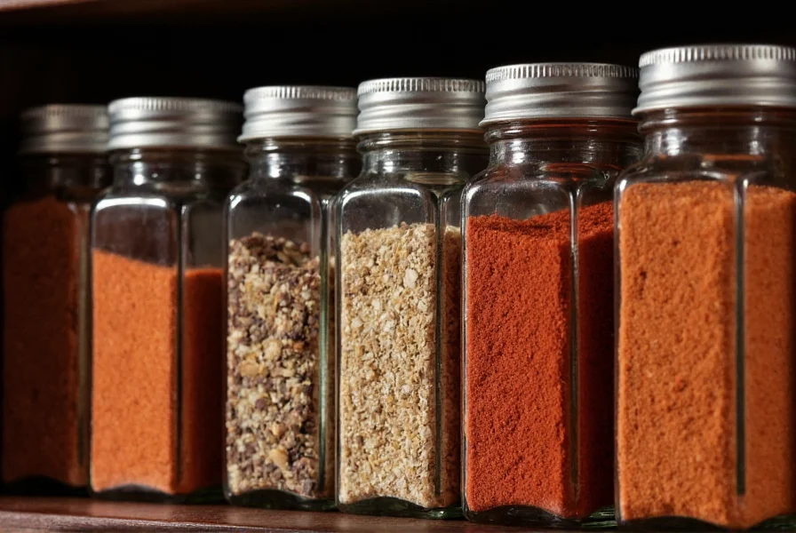 Proper spice storage containers with red pepper spice in airtight glass jars stored in a dark cabinet