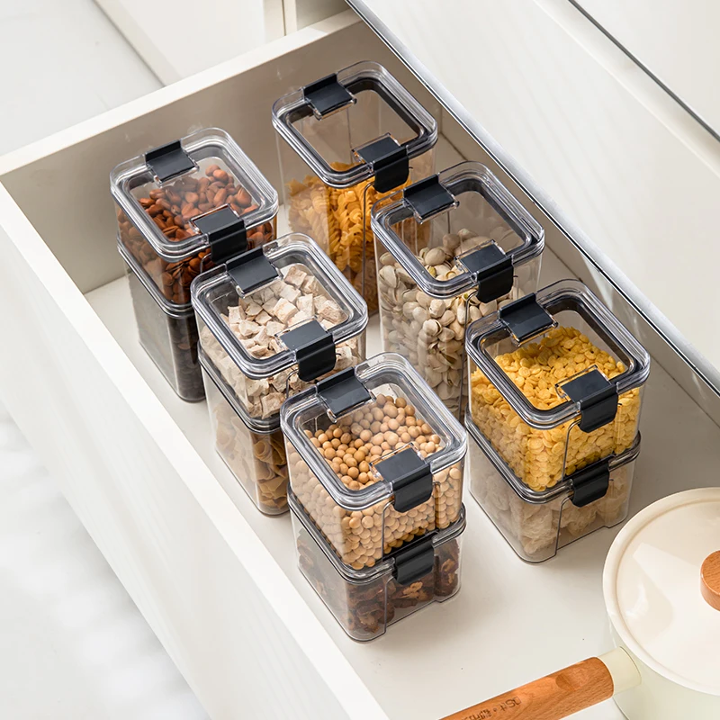 

Fridge organizer bins food grade kitchen drawer PET storage boxes candy storage container box, Grey+clear