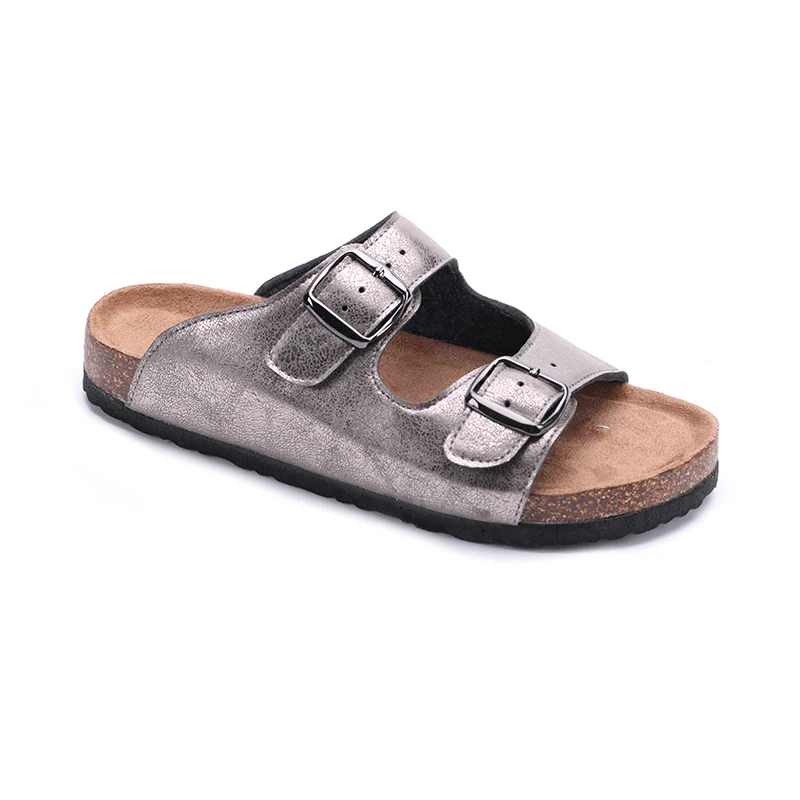

New fashion metal PU leather beach sandals with soft rubber for women summer lady soft wood soles shoes rubber slide sandals, As picture