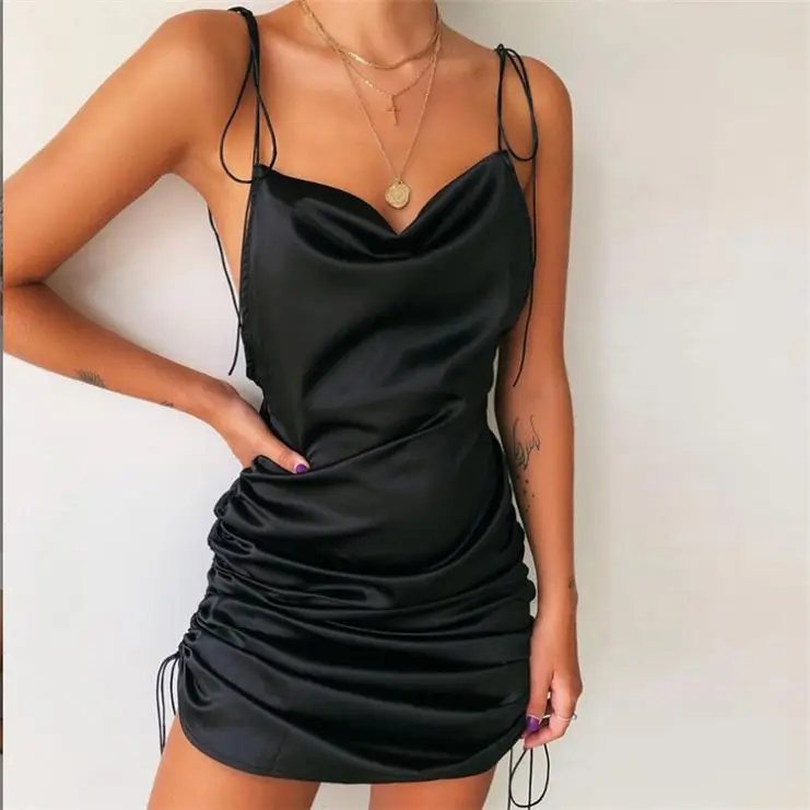

2021 Summer New Arrival Women Summer Fashion Solid Colors Satin Sexy Spaghetti Slip Backless Casual Women Dresses