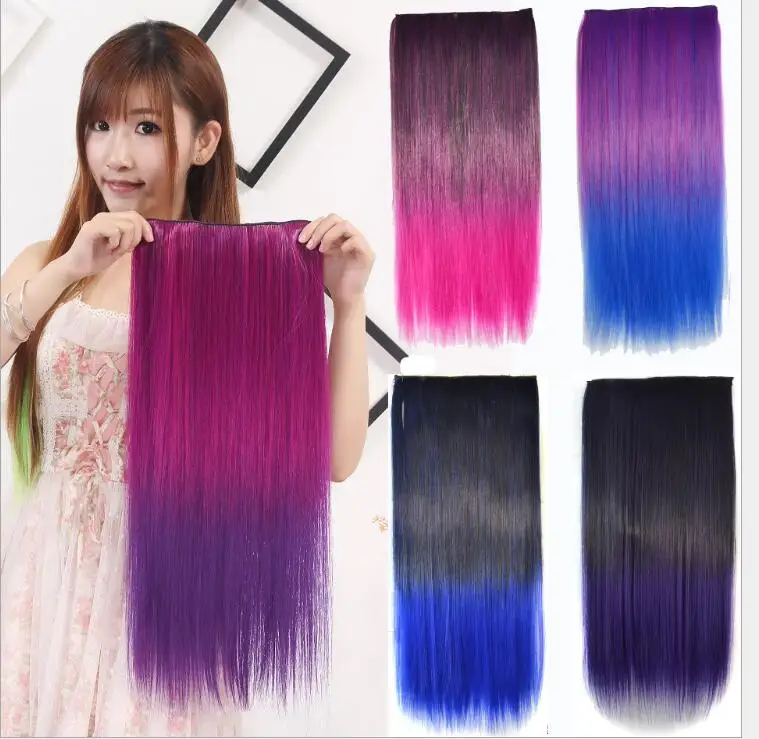 

Colorful 5Clips Straight Synthetic Hair Clip in One Piece Hair Extensions 24" 60cm 120g Blue Brown Green Pink Ombre Piano Color, As picture