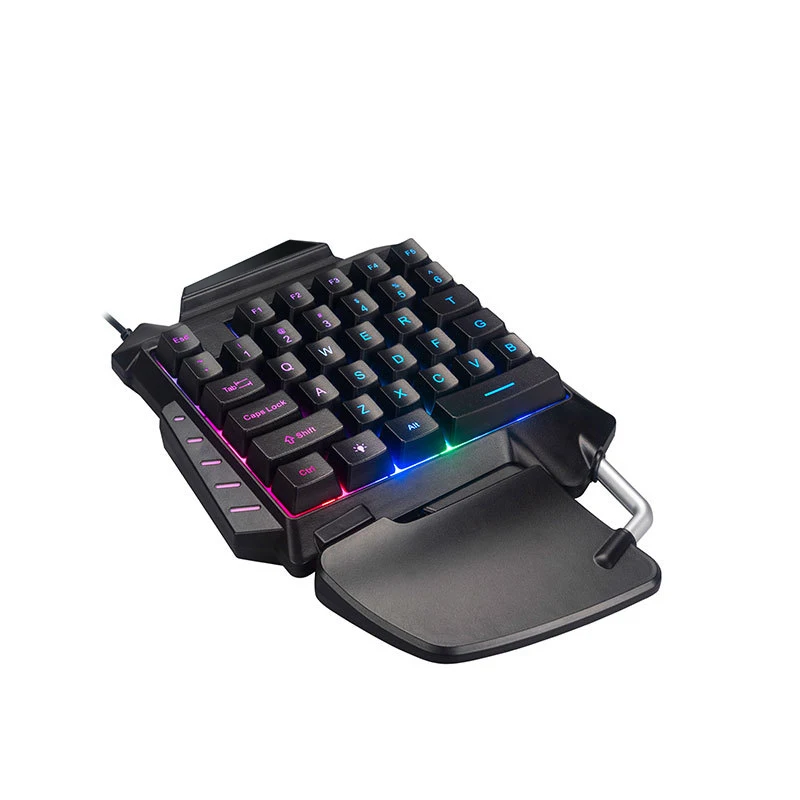 

Wholesale Rainbow Backlit Ergonomic Design Single Hand Wired Mechanical Gaming Keyboard For E-sport Gamer, Black