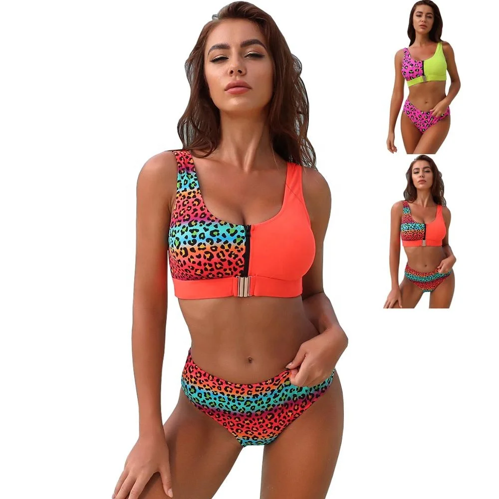 2020 summer WH-YDA20124  custom made swimwear color block leopard patchwork bikini set swimsuit