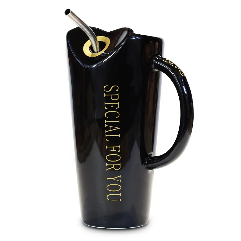 

Creative Glass large capacity ceramic ins mug with spoon and straw simple couple Student Cup pairs