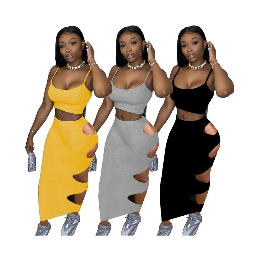 

Foma MN8353 casual clothing summer sexy fashion two 2 piece set top and long hollow out skirt for women, 6 colors