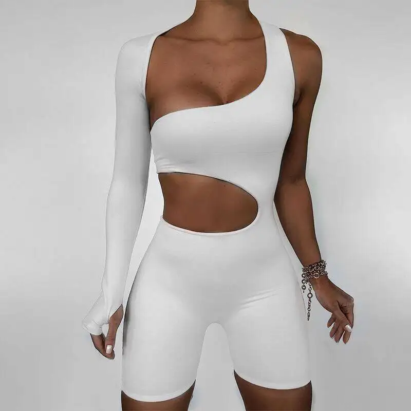 

Women Sexy Carved Out One Shoulder Fitness Solid Color Midriff Woman Bodysuit, Customized color