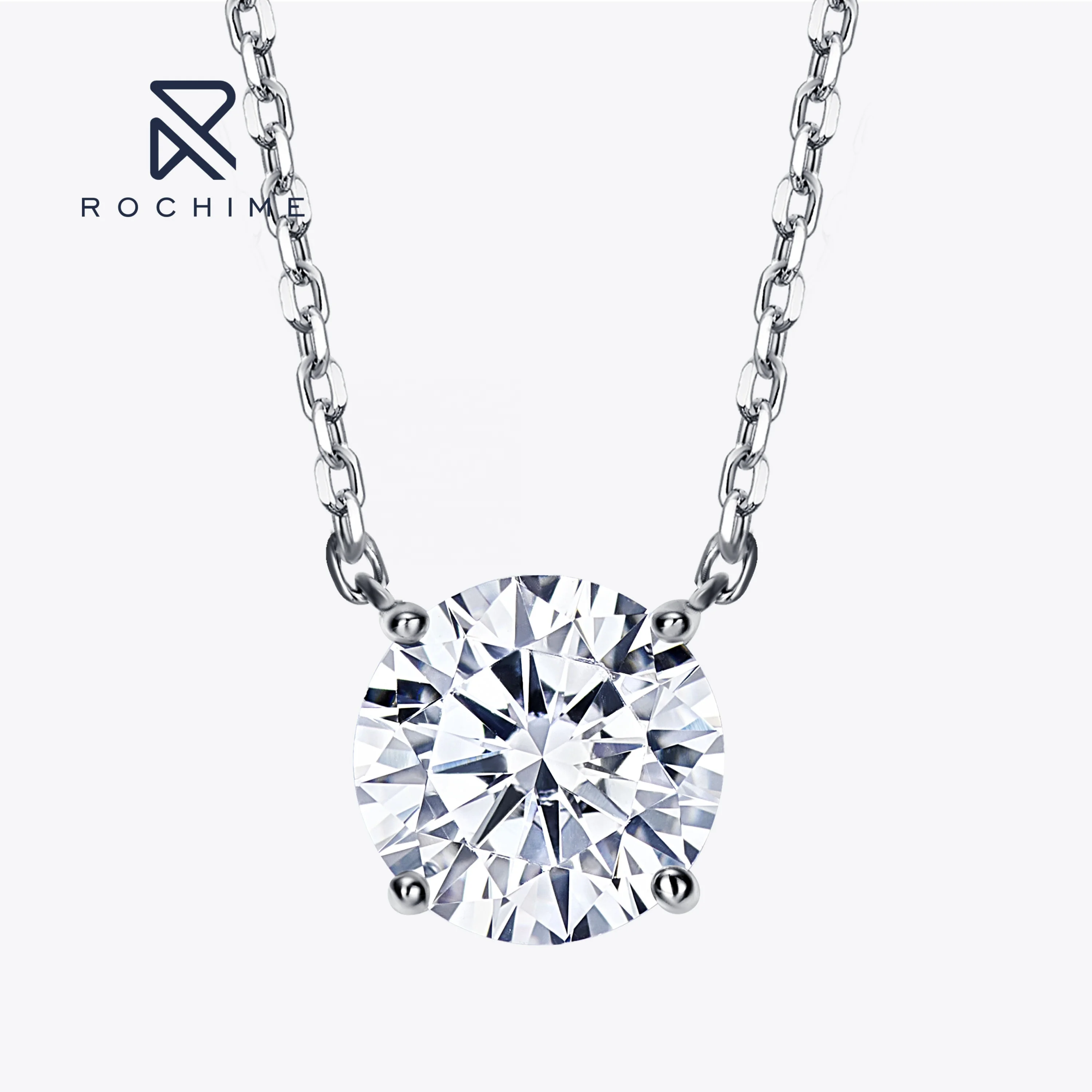 Rochime Four Prong Round Brilliant Necklace 925 Sterling Silver Rhodium Plated Cubic Zirconia Jewelry for Women