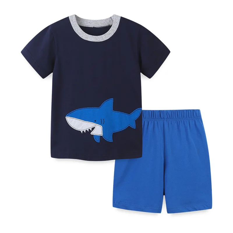 

2022 Baby Apparel Summer Boys Clothes Children Cute Clothes Set Black Short Sleeve Top And Blue Shorts 2 Piece Clothing Set, Blue,white