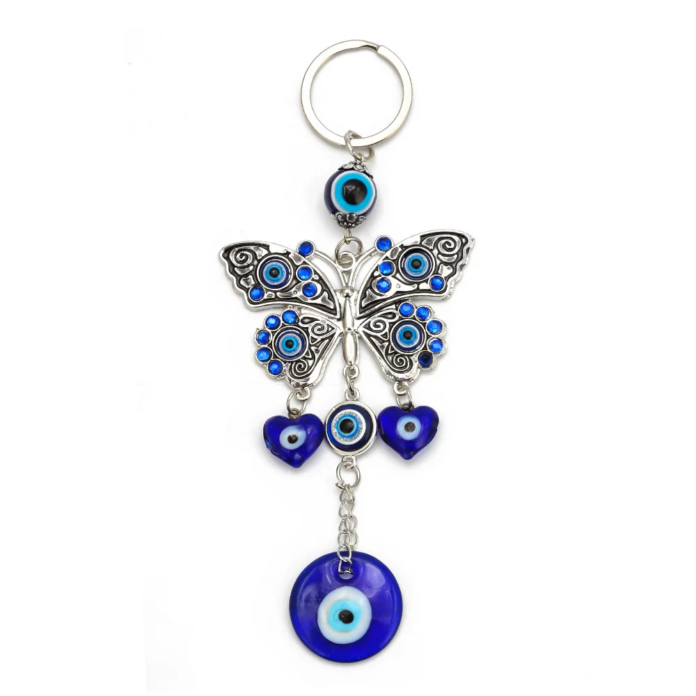 

Diamond Butterfly Turkey Eye Keychains Metal Blue Eye Hand Charm Vintage Butterfly Blue Eye Keychains