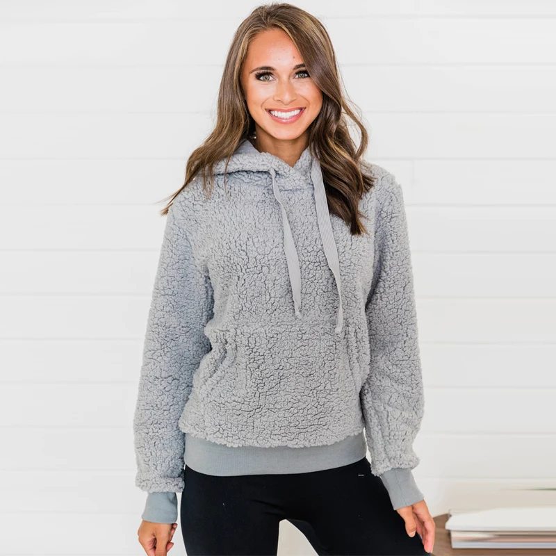 

Wholesale Women Fashion Winter Casual Furry Hooded Pocket Sweatshirt, As shown