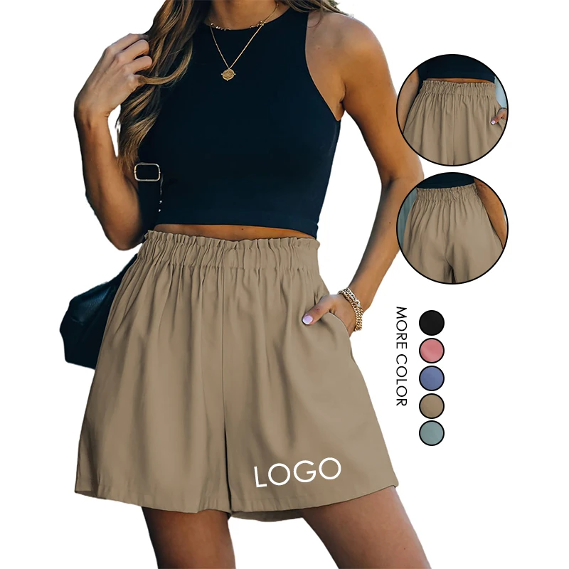 

Wholesale Solid Color Women's Summer Green Work Shorts Elastic Waist Tie Front Pants For Women