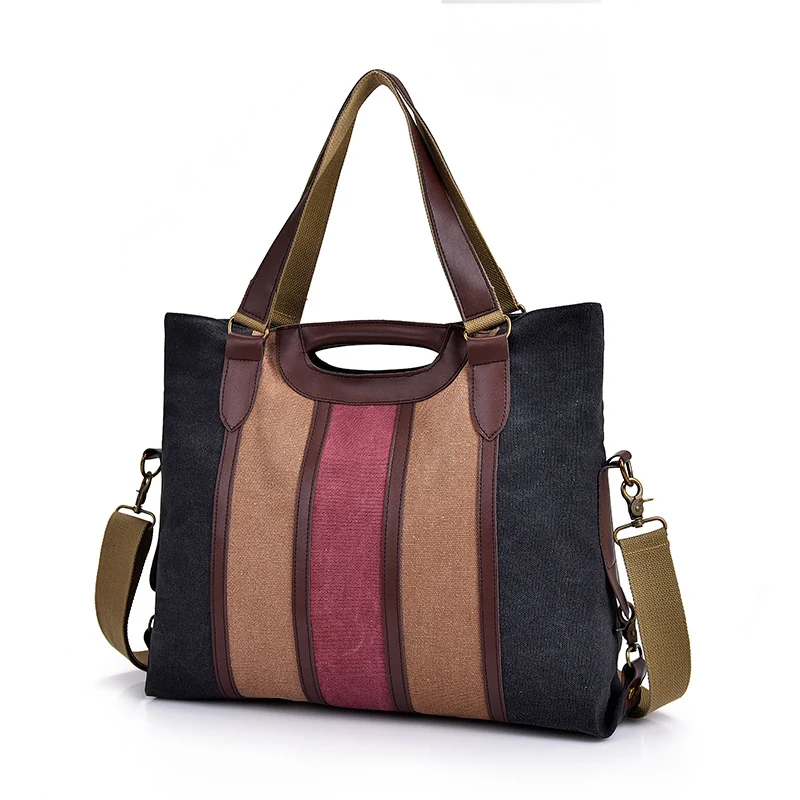 

New Fashion Multi Color Stitching Stripe Canvas Woman Handbags Retro Simple Large Capacity tote Bag Ladies