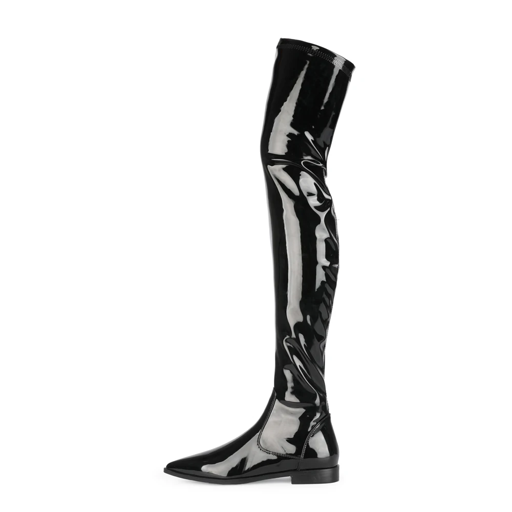 

Fashion Women Pointed Toe Flat Heel Over The Knee Boots Black Patent Pu Low Heels Female Long Boots