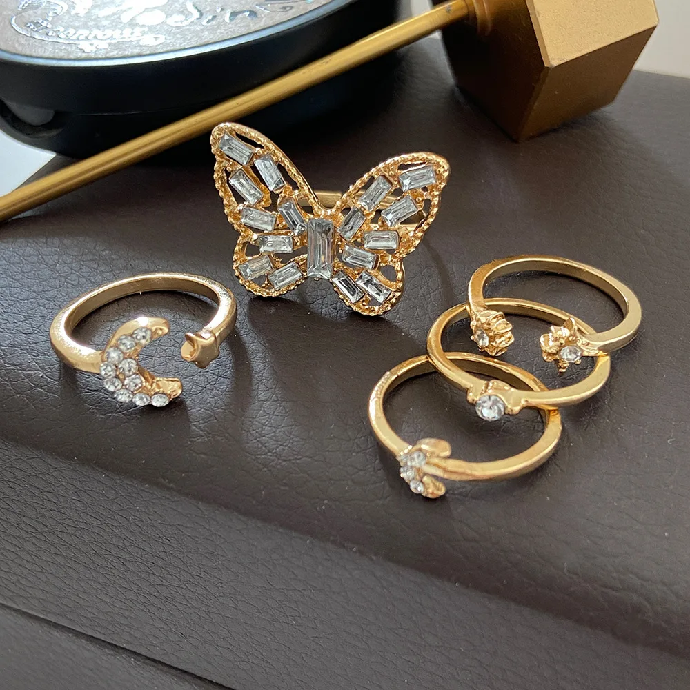 

Hot Sale 5 Pieces Set Zircon Butterfly Rings Gold Plated Luxury Fashion Star Moon Crystal Butterfly Knuckle Rings