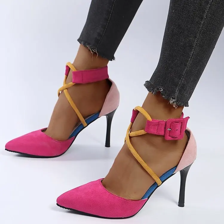 

Hot selling colour block court heeled ankle strap buckle pointed toe women shoes faux suede cross strap autumn lady pumps