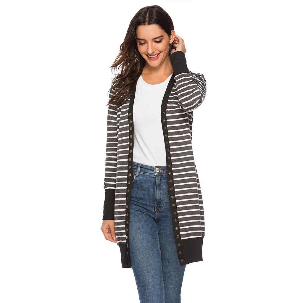 

2020 Plus Size Ladies Fashion Mid-length Button Striped Cardigan