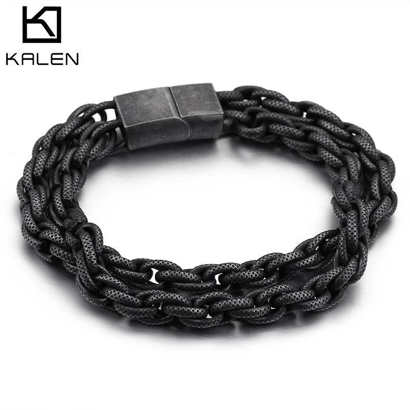 

KALEN Oxidation Black Stainless Steel Double Layer Link Charm Bracelet Mens