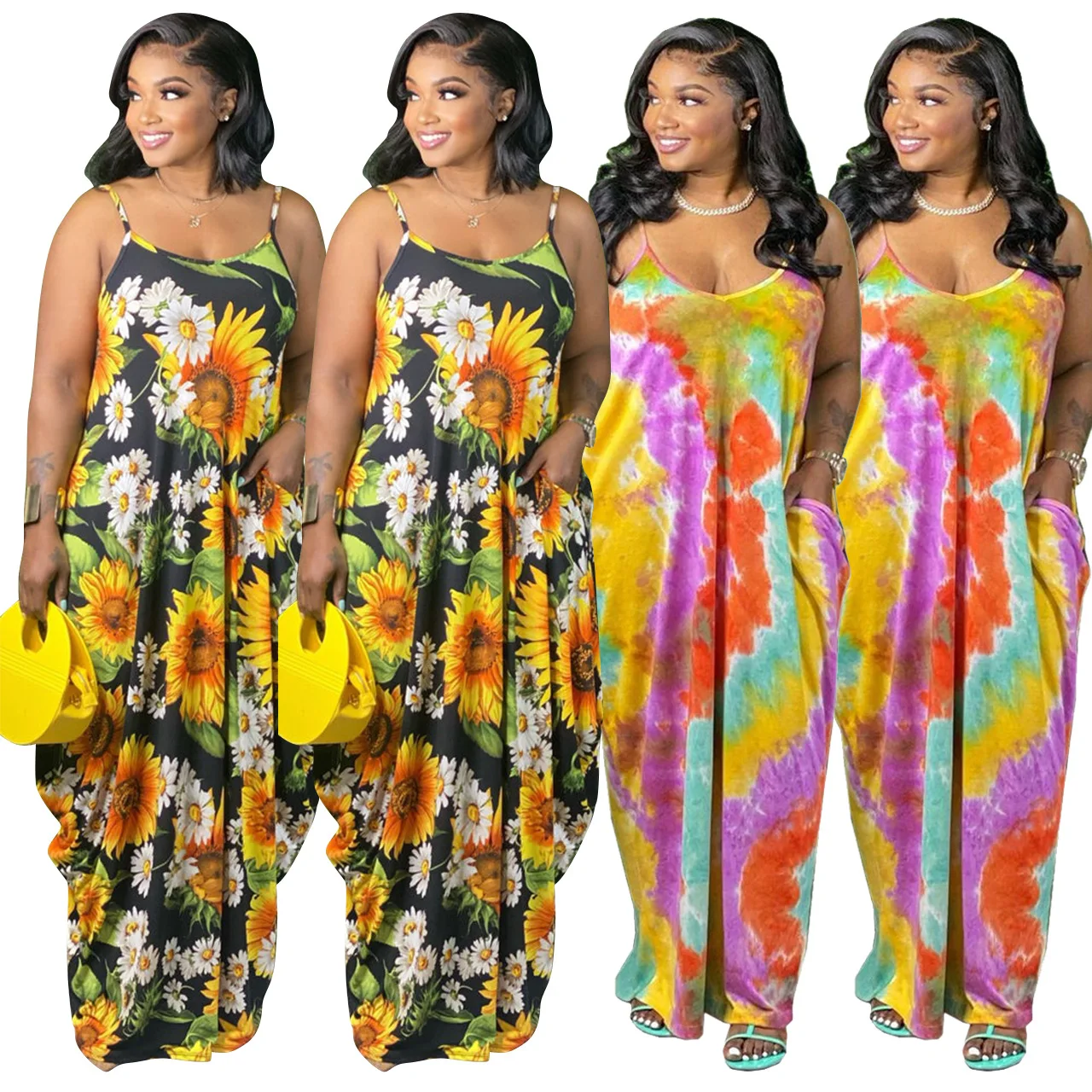 

2021 high quality spring and summer plus size sling tie-dye cheap dress printing casual factory wholesale loose long skirt