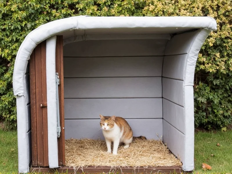 Completed insulated cat shelter with straw bedding