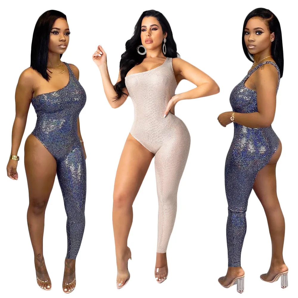 

Wholesale sleeveless clubwear sexy one shoulder one leg sequin bodycon jumpsuits