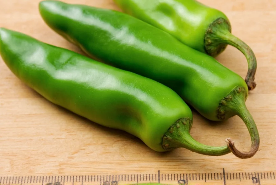 Close-up view of fresh green serrano peppers on a wooden cutting board with measuring scale showing Scoville units