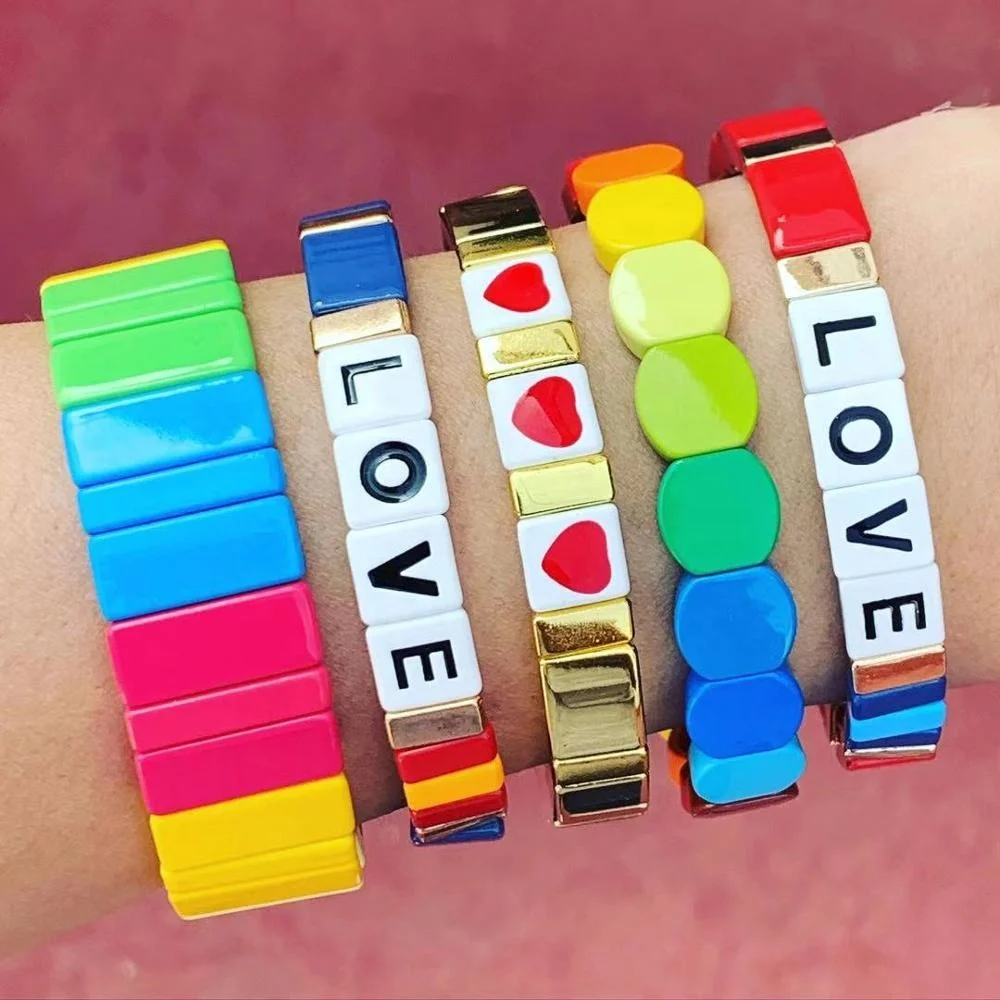 

Wholesale Factory Sales Bohemia Handmade Customized Letter Enamel Bracelet Tile Bangle Bracelet, Multi color