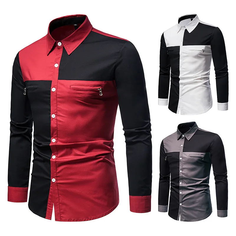 

2021 Colorblock Long-Sleeved Cardigan Lapel Camiseta Casual Men's Shirts Casual Slim Men Designer Shirt, White, gray, wine red
