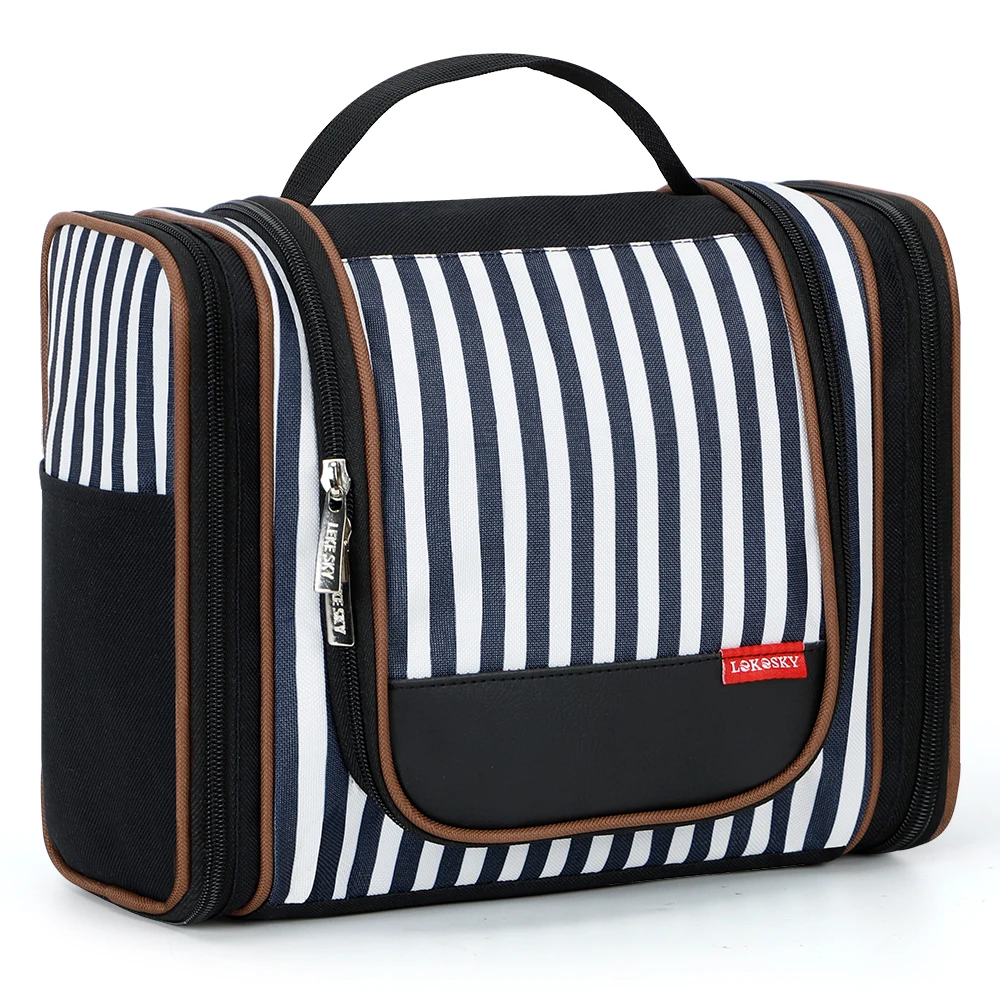 

Wholesale black striped cosmetic bath toiletry organizer bag high quality waterproof travel toiletry bag with hanging hook, Gray, black