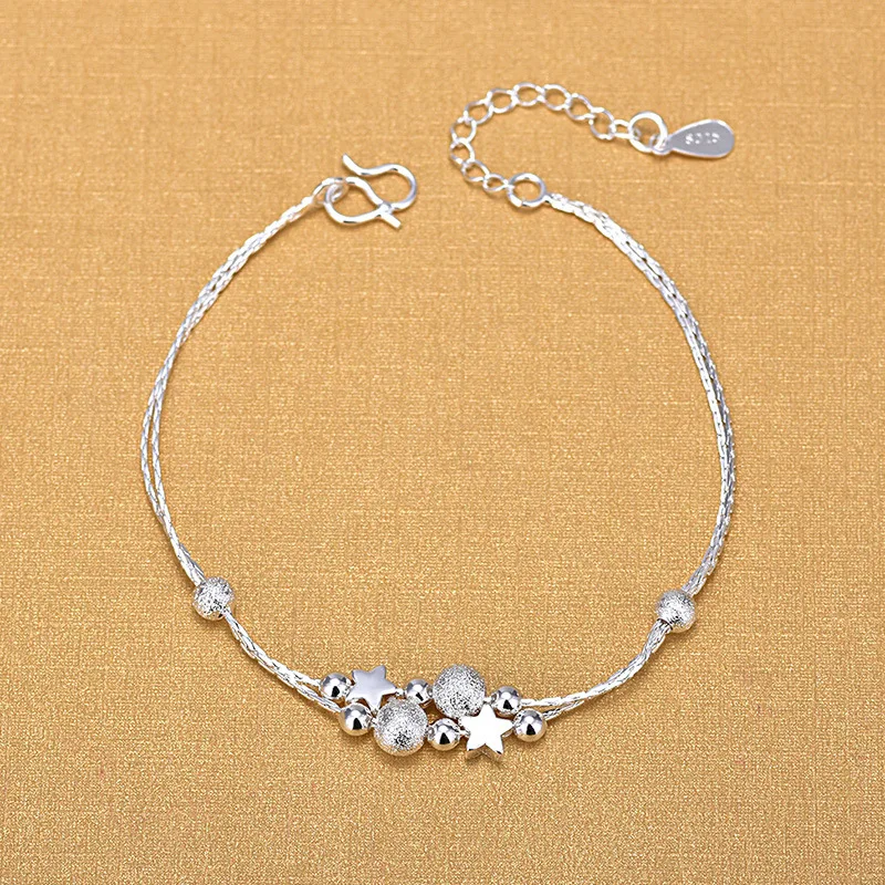 

925 Sterling Silver Handmade Double Layer Twist Chain Star Beads Bracelets For Women Jewelry