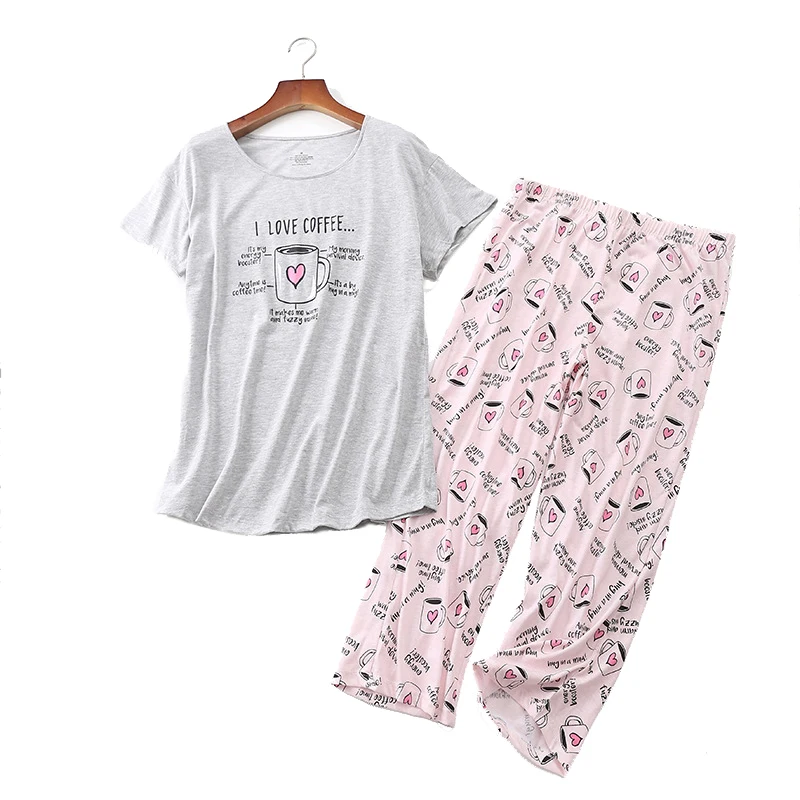 

women Sleepwear Set Women's Casual Knitted T-Shirts With Pants Plus Size S-XXXL Two Piece Pajamas Sets Female 2 PCS Set
