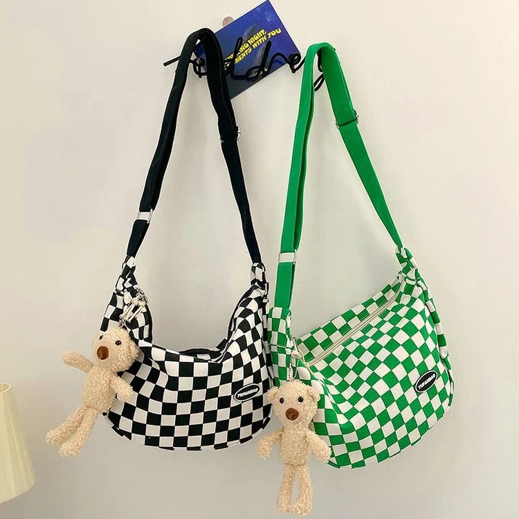 

Wholesale Japanese Ins Harajuku Casual Colorful Plaid Messenger Ladies Sling Tote Saddle Handbag Shoulder Bag with Plush Pendant