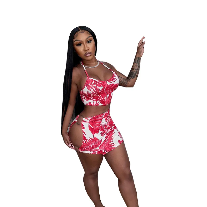 

New Arrivals Summer Sleeveless Floral Printed Halter Clothing Ladies Club Wear Sexy Two Piece Slim Short Skirt Sets For Women, Picture color