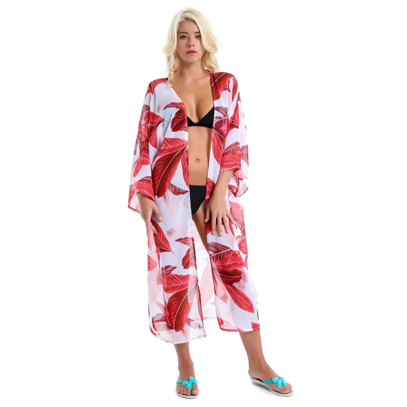 

2021 Women's Summer Boho Style Long Beach Dresses Red Floral Printed Sunscreen Bikini Cardigan, Red green or customized