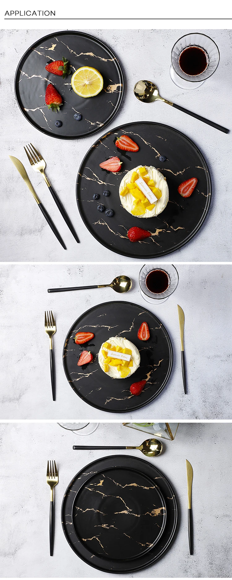 Luxury Hotel Use Black &Gold Decal Porcelain Marble, New Arrivals Two Eight 8.5/10.5 Inch Ceramic Marble Plate&