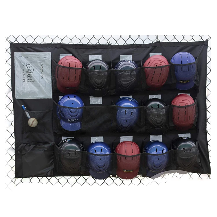 

15 Player Baseball Equipment Dugout Organizer Hanging Baseball Helmet Bag, Black