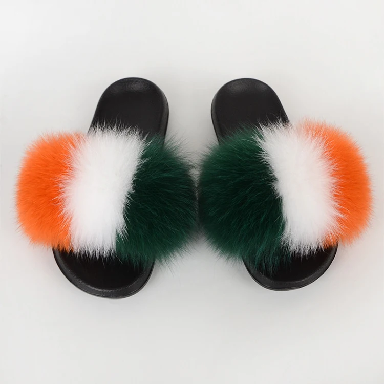 
Women Real Fox Fur Slides Slippers Home Furry Flat Sandals Girls Cute Fluffy House Shoes 