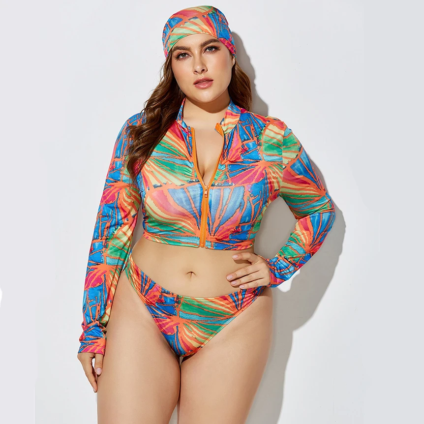 

10 Color Printing Bikini Wholesale 3 Piece Swimsuit Set Women Stretchy Plus Size Swimsuits Swimwear 2021 with Triangle scarf