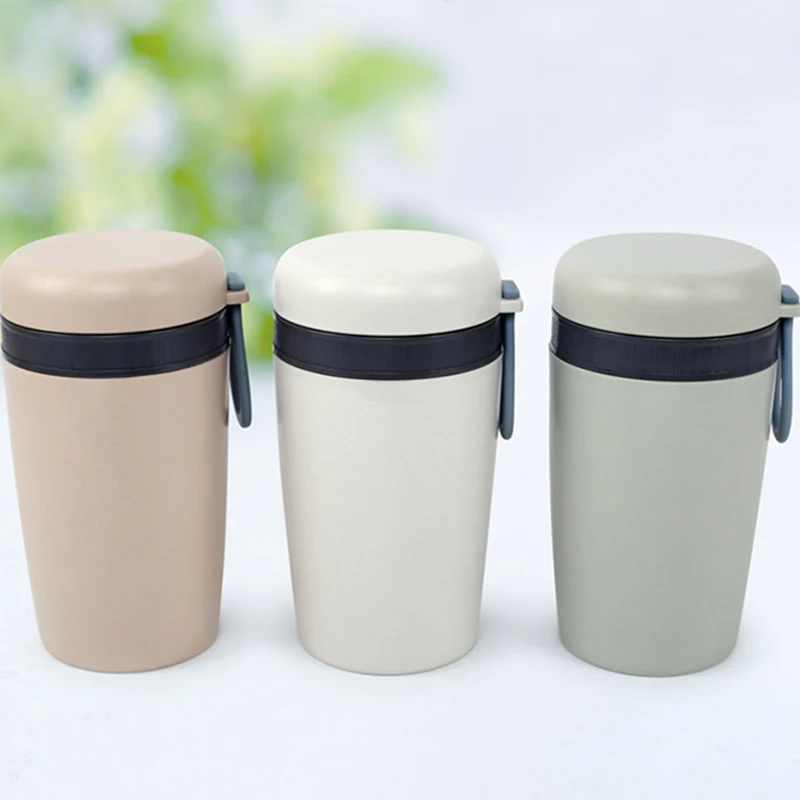 

Food Flask Bamboo Fiber Food Container Insulated Eco-friendly 304 Stainless Steel Soup Cup With Spoon