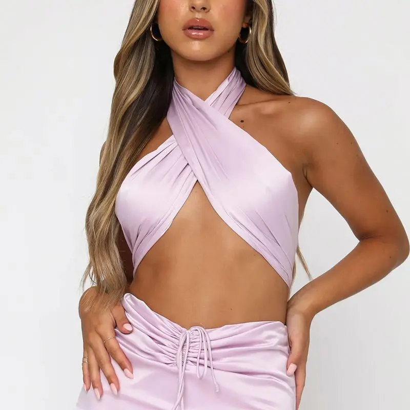 

2021 New Arrivals Summer Solid Color Cross Bandage Halter Women's Tank Tops Sexy Crop One Piece Bra