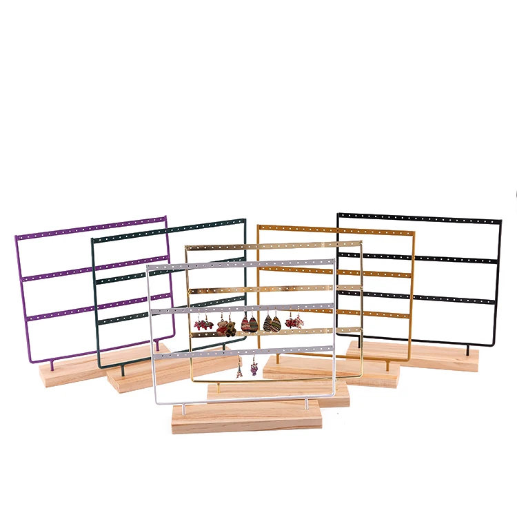 

3-Tier Jewelry Display Stands Metal With Wood Base Earring Rack 69 Holes Piercing Jewelry Display, Black, white, purple, orange, gold, dark green