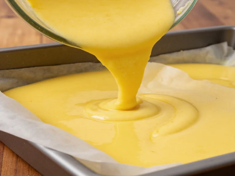 Homemade yellow cake batter being poured into parchment-lined pans