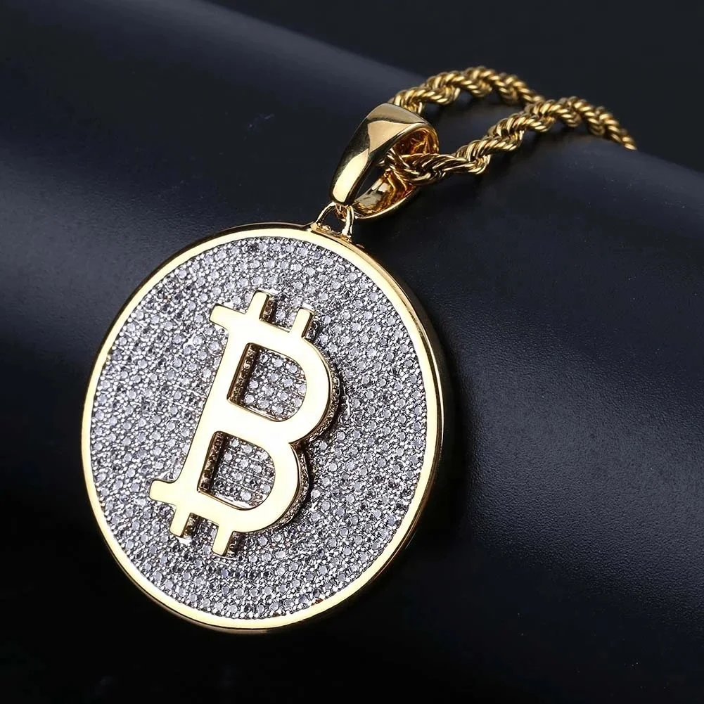 

Hip Hop Gold Color Plated Iced Out Micro Pave Zirconia Round Bitcoin Pendant Necklace For Men Rope Chains