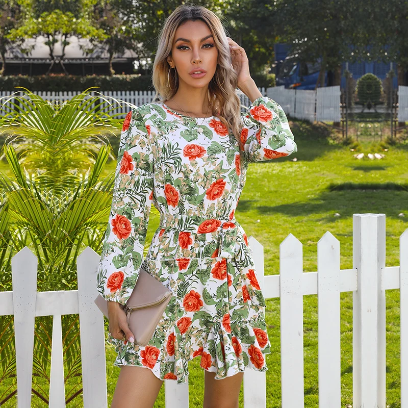

Autumn casual dresses western woman floral printing bright colored dress