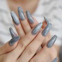 

Long Marble Coffin Nail Natural Daily Grey Adult Full Artificial Nail Tips Designed Salon Smooth Press On Manicure L5279