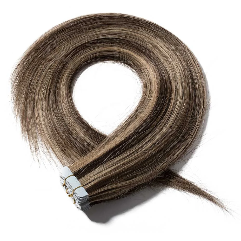 

european hair 100% Remy Human Double Drawn Invisible Tape in Hair Extensions balayage color #4/27, Balayage/highlight/piano/mix