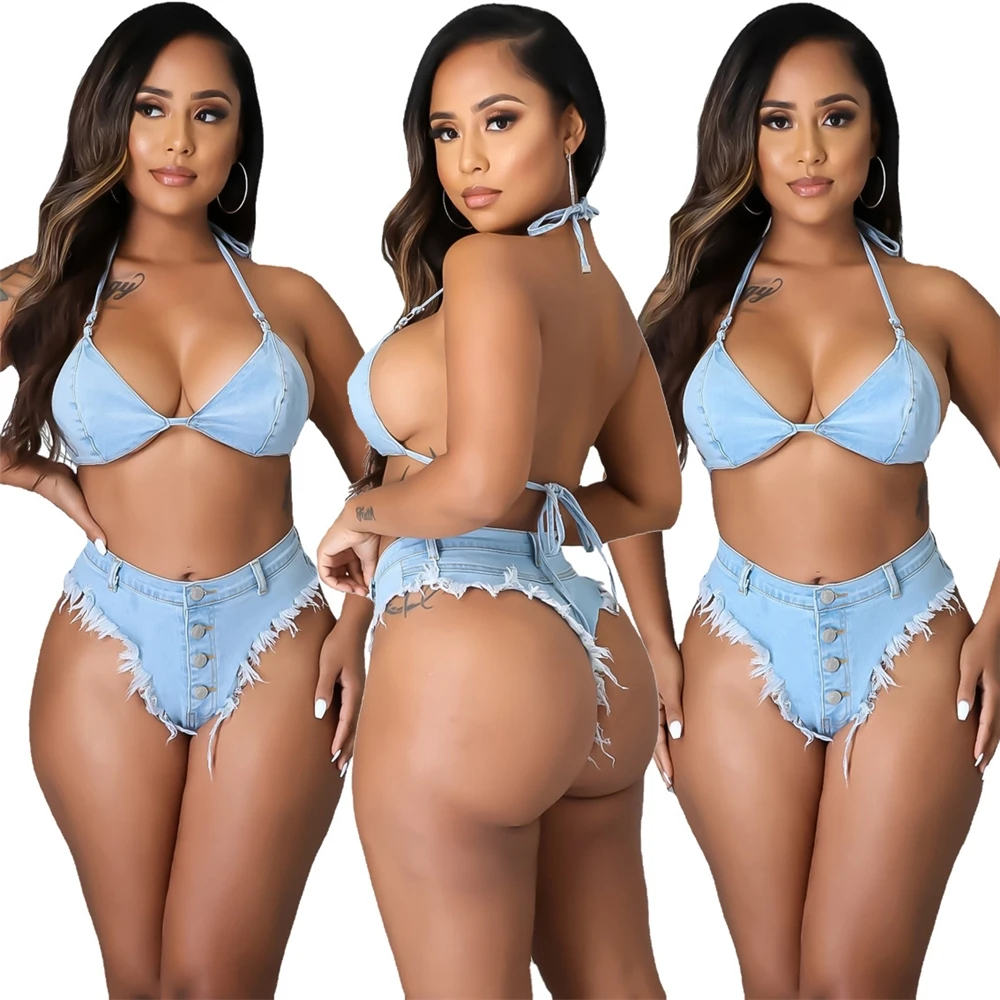 

RTS Jean Top and Shorts Suit Women Denim Matching Set Casual 2 Piece Women Tank and Shorts Bikini Set Tik Tok Shorts and Bra